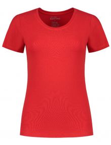 Rood dames strech T-shirt met ronde hals.