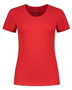 Rood dames strech T-shirt met ronde hals.
